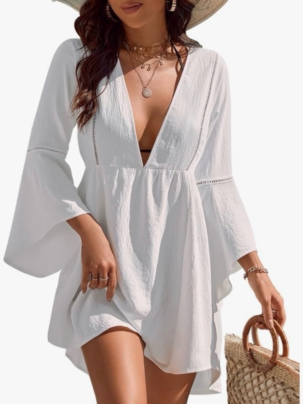 Women's White Deep V Swim Cover-Up Dress Chiffon Blooming Jelly M Medium NWT NEW